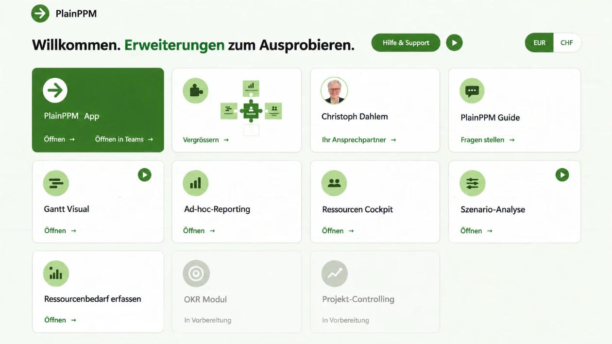 Der PlainPPM Feature-Kiosk: Erweiterungen wie Gantt Visual, Ressourcen Cockpit und Szenario-Analyse zum Ausprobieren