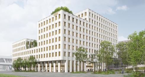 Visualisierung eines modernen Bürogebäudes mit begrünter Dachterrasse