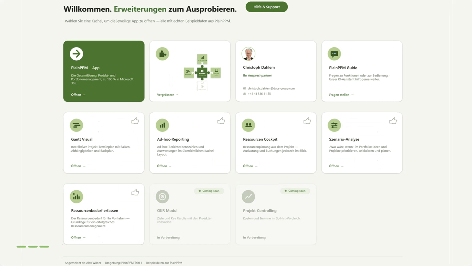 Der PlainPPM Feature-Kiosk mit den Kacheln der Erweiterungen: Gantt Visual, Ad-hoc-Reporting, Ressourcen Cockpit, Szenario-Analyse und Ressourcenbedarf erfassen